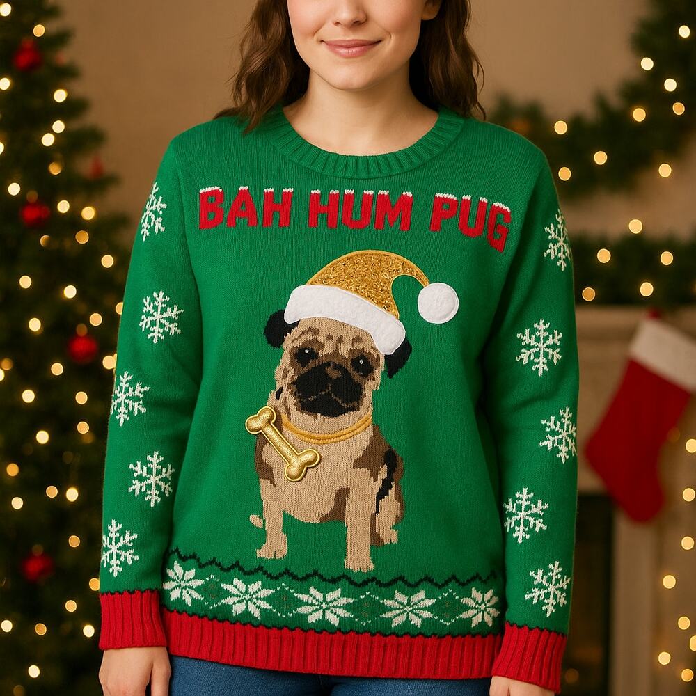 Holiday Traditions Bah Hum Pug Christmas Sweater Sequin Pug Dog Snowflake L